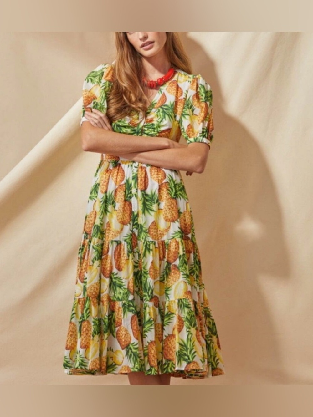 Brooks Brothers Pineapple Print Tiered Shirt Dress